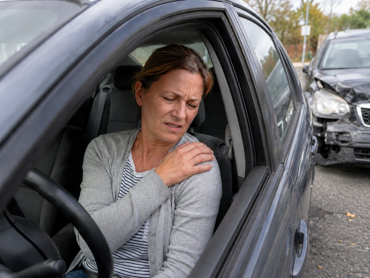 A woman sits in the driver's seat of her car grimacing in pain and gripping her shoulder immediately after a collision, with a heavily damaged black SUV visible in the background, depicting a Maryland car accident victim suffering a shoulder injury at the scene of a crash.