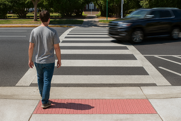 A person stands at the edge of a crosswalk, viewed from behind, as a black SUV speeds past from the right. The bright daylight highlights the crosswalk stripes, the tactile paving at the curb, and the surrounding greenery.
