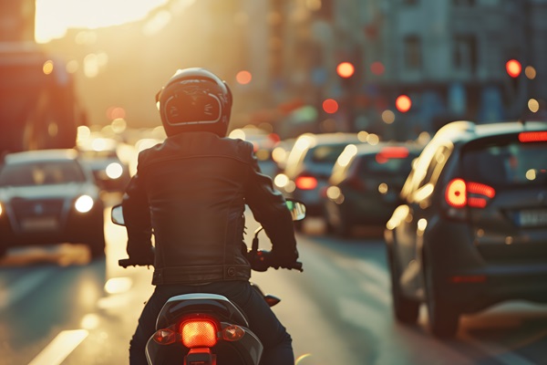 A man rides a motorcycle in city traffic.