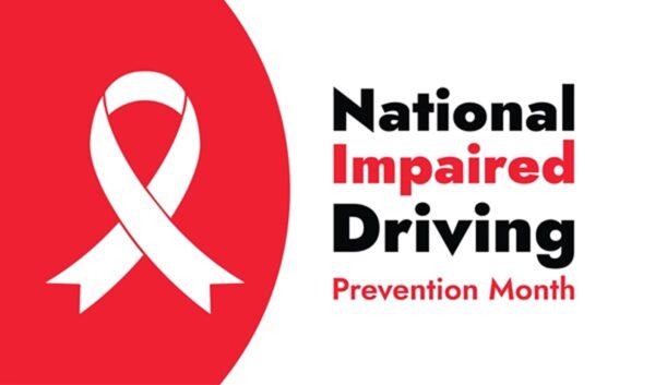 A graphic for National Impaired Driving Prevention Month featuring a large red circle containing a white awareness ribbon, set against a white background with bold black and red text.