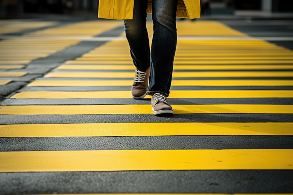 Close-up of pedestrian's legs as the person uses a crosswalk.